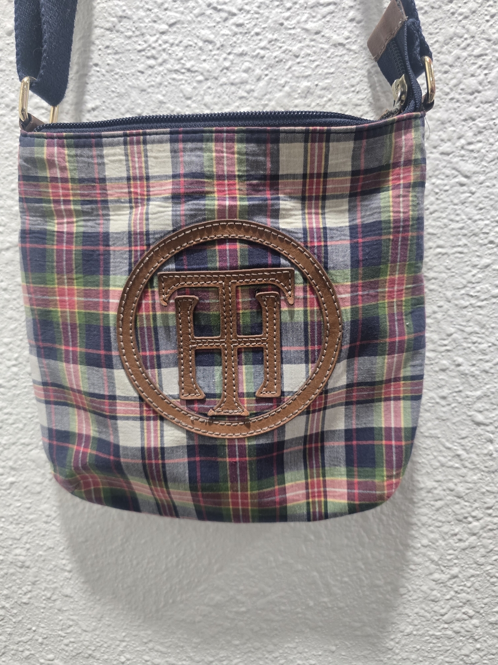 Tommy Hilfiger Navy, Pink & Green Plaid Crossbody with Leather Logo